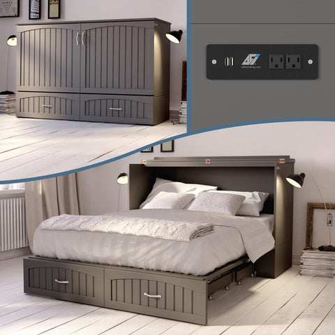 AFI, Southampton Murphy Bed Chest Queen with 6" Mattress, Storage Drawer & Built-in USB Charger, Grey