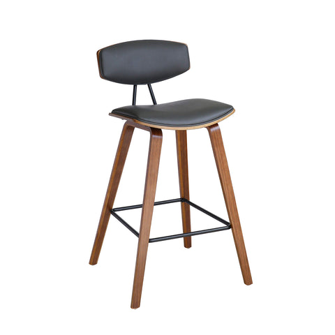 Armen Living Fox 25.5" Counter Height Gray Faux Leather and Walnut Wood Mid-Century Modern Bar Stool - Set of 2