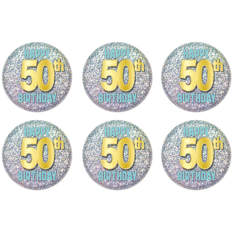 Beistle 6 Piece Prismatic Happy 50th Birthday Party Favors Pinback Buttons Over The Hill Decorations, Blue/Gold/Silver, 2"