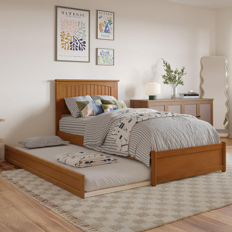 AFI, Malta Twin XL Platform Bed with Panel Footboard and Twin XL Trundle, Light Toffee