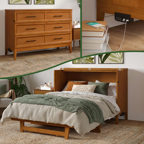 AFI, Santa Fe Full Murphy Bed Chest with 6" Mattress & Built-in USB Charger, Light Toffee