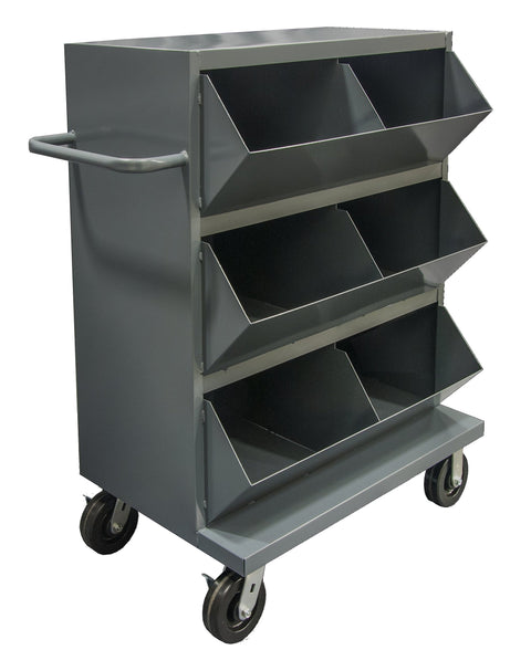 36 Wide 14 Gauge Mobile Storage Bins With 6 Open Bins 1 Top Shelf Tubular Push Handled Gray