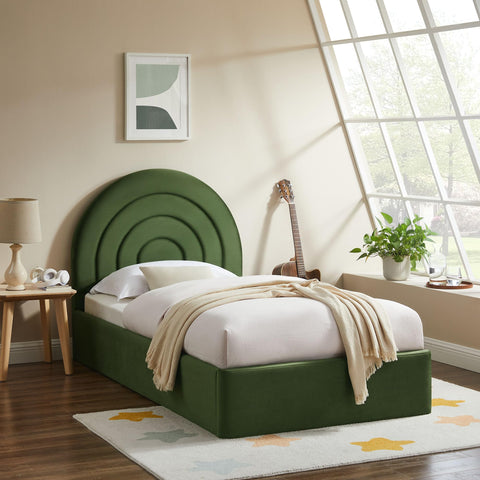 Modway Solana Twin Size Performance Velvet Platform Bed in Moss Green – Upholstered Bed Frame with Soft Arch Shaped Padded Headboard – Plinth Base Platform Bed Frame
