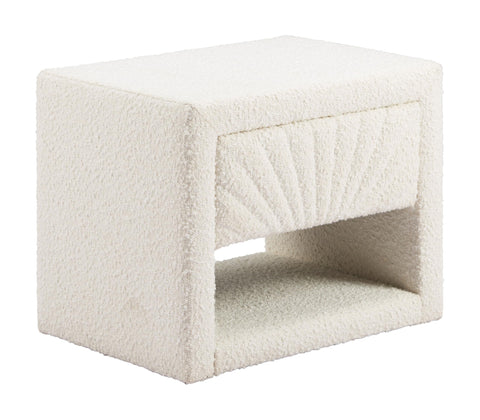 Baris Nightstand Ivory, White End Table, Modern Style, Textured Fabric 100% Polyester Rectangular Shape Tabletop, MDF, Indoor Bedroom, 19.7" W x 14.2" D x 16.1" H