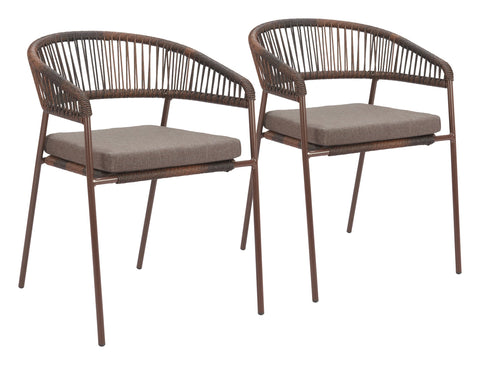 Zuo Skye Dining Chair (Set of 2) Brown, Brown Dining Chair, Modern Style, Outdoor Fabric, Removable and Washable Cushion Cover, Steel, Outdoor Dining, 22.2" W x 23.8" D x 30.7" H, Non-Stackable