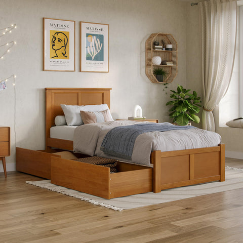 AFI, Madison Twin XL Platform Bed with Footboard and Storage Drawers, Light Toffee