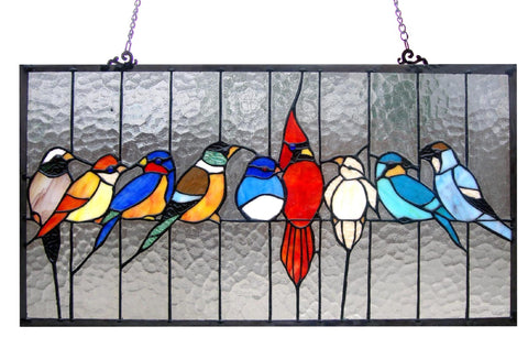 Chloe Lighting Tiffany-Glass Featuring Birds in The Cage Window Panel 24.5x13, Multi Colored