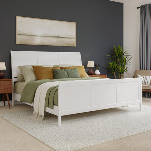AFI Valencia King Solid Wood Low Profile Sleigh Platform Bed with Matching Footboard in White