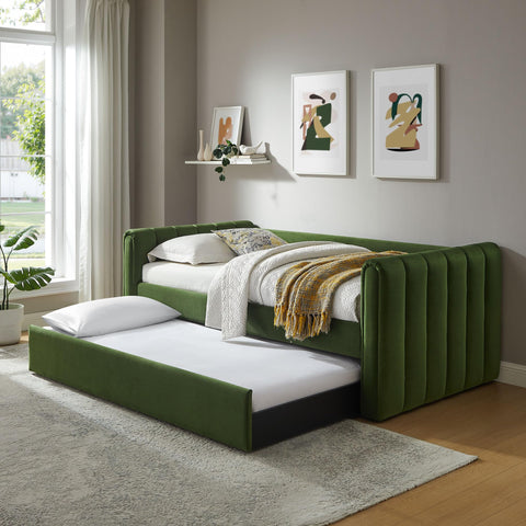 Veyla Twin Size Performance Velvet Daybed in Moss Green with Trundle – Channel Tufted Upholstered Sofa Bed with Wood Slat Support