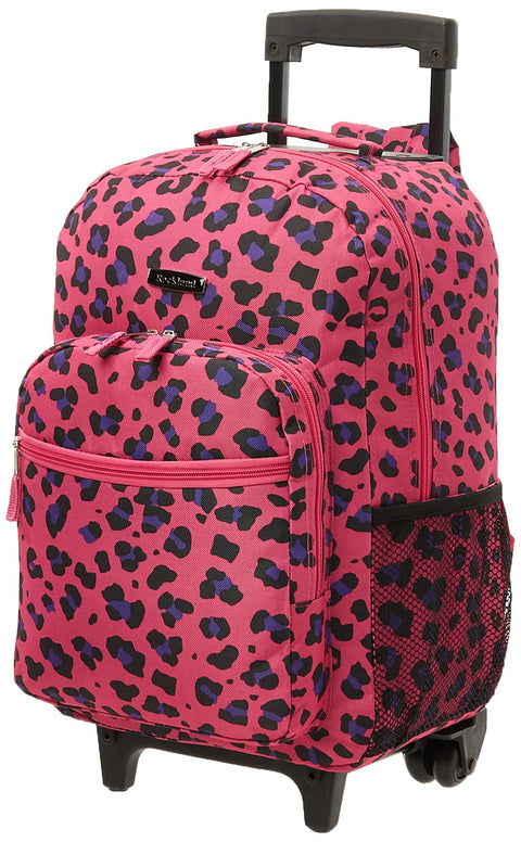 Rockland Double Handle Rolling Backpack, MAGENTALEOPARD, 17-Inch