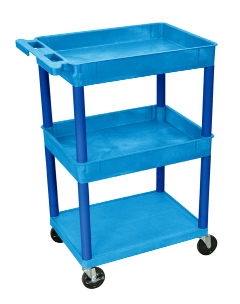 LUXOR BUSTC112BU Multipurpose Utility Cart with Top and Middle Tub Shelves and Flat Bottom Shelf, 300 Lbs. Capacity, Blue