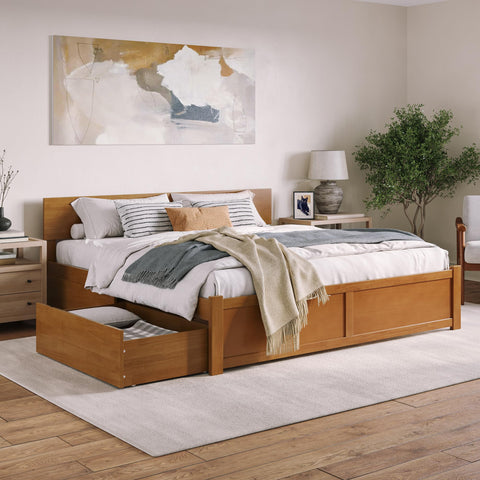 AFI Orlando King Solid Wood Platform Bed with Footboard & Storage Drawers in Light Toffee
