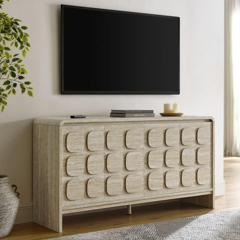 Modway Toscana 61 Inch Sideboard in Travertine – High TV Stand Media Console - Mid Century Modern Buffet Cabinet with 4 Circular Pattern Doors – Accent Storage Cabinet for Dining Room, Kitchen