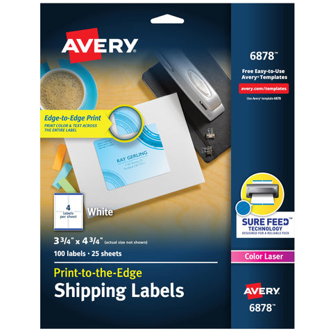 Avery Print-to-the-Edge Printable Shipping Labels, 3.75" x 4.75", Matte White, Sure Feed Technology, Laser & Inkjet Compatible, 100 Blank Labels, Great for Mailing, Branding, and More (6878)