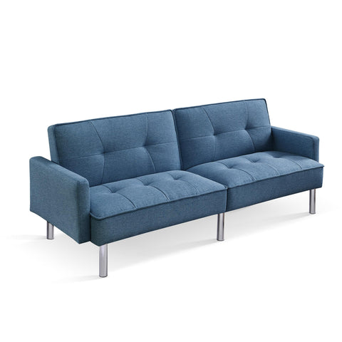 American Furniture Classics Tufted Futon Convertible Sofa Sleeper with Two Throw Pillows in Blue Velvet