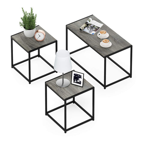 Furinno Camnus Modern Living Room Table Set with One Coffee Table and Two End Tables French Oak Grey