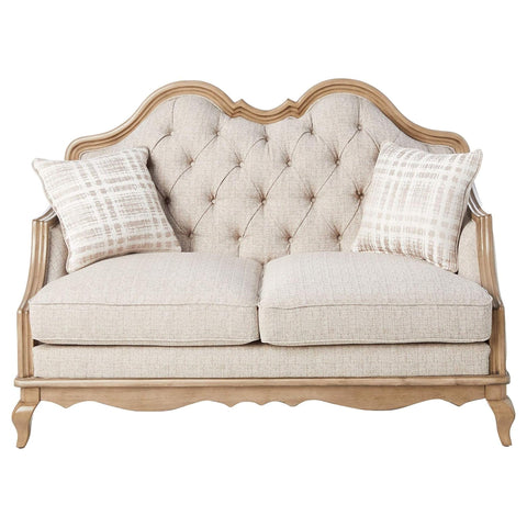 Oakestry Chelmsford Loveseat with 2 Accent Pillows Beige Fabric Antique Taupe Frame Elegant Upholstered 2 Seater Sofa Classic Living Room Furniture Comfortable Cushions Durable Wooden Construction