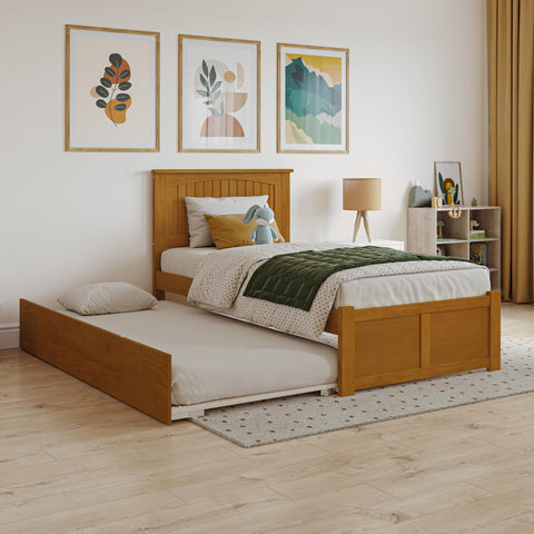 AFI Nantucket Twin Solid Wood Platform Bed with Footboard & Twin Trundle in Light Toffee