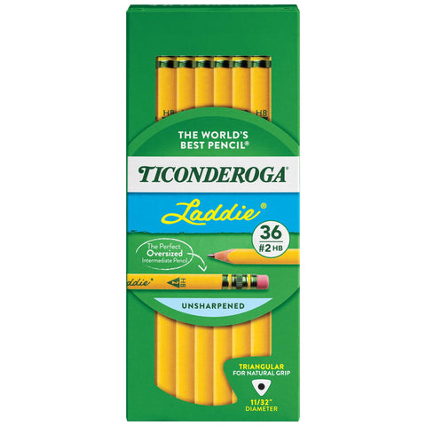 Ticonderoga Laddie Tri-Write Pencils, Wood-Cased #2 HB Soft, Intermediate Size Triangular without Eraser, Yellow, 36-Pack (13044)