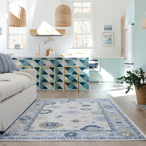 Oriental Weavers Addison ADD05 - Machine Washable - Flat Weave - Printed Area Rug - 7'6" x 9'10" - in White/Blue - Traditional Style, Nursery, Kids Room, Dining Room, Living Room