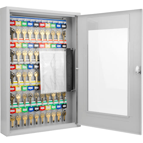 Barska 50 Key Lock Box with Glass Door – Key Cabinet with Adjustable Numbered Hooks, Labeled Shelves, Colored Key Tags, Wall Mount, Solid Steel, Gray – Secure Key Organizer