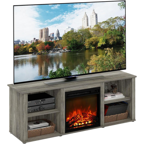 Oakestry 60-Inch TV Stand with Electric Fireplace, French Oak Grey Finish, Entertainment Center with Adjustable Shelves and Cable Management