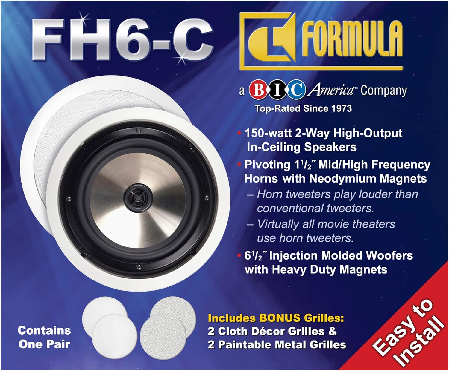 BIC America FH-6C Formula Series FH-6C 6-1/2 Inch 150-Watt 2-Way in-Ceiling Speakers with Pivoting Horn Tweeters