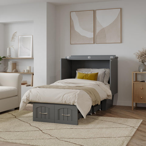 AFI, Sydney Modern Coastal Twin Solid Wood Murphy Bed Chest with 6" Mattress, Storage Drawer & Built-in USB Charger, Grey