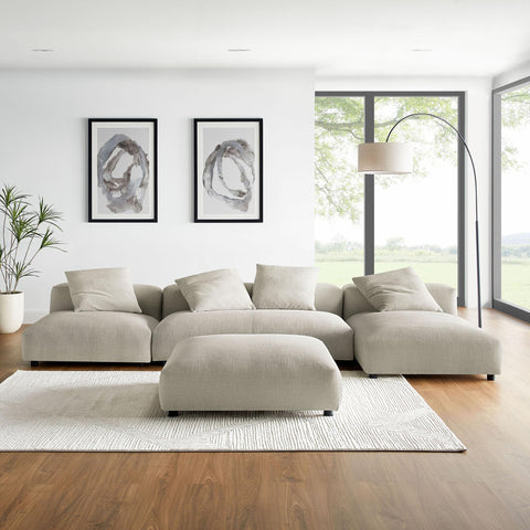 Modway Solace Modular 4-Piece Fabric Sectional Sofa in Linen - Comfy Upholstered Deep Seat Set with Armless Chair, Loveseat, Chaise and Ottoman - Modern L-Shaped Couch for Living Room