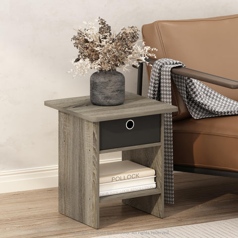 Furinno Modern Side Table, Square End Table with Storage Bin, Round Corner Night Stand, Bedside Table with Storage Shelf, for Living Room, Bedroom, Grey Oak