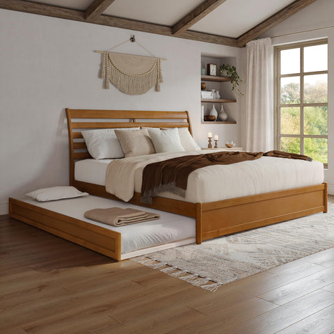 AFI, Emelie King Platform Bed with Panel Footboard and Twin XL Trundle, Light Toffee