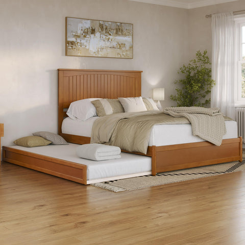 AFI, Malta Queen Platform Bed with Panel Footboard and Twin XL Trundle, Light Toffee