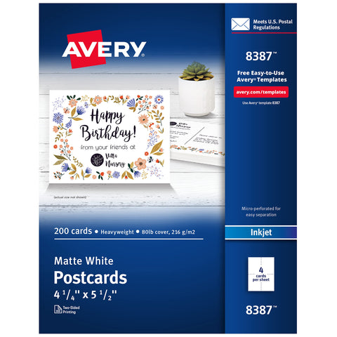 Avery Printable Postcards, 4.25" x 5.5", Matte White, 200 Blank Postcards for Inkjet Printers (8387)