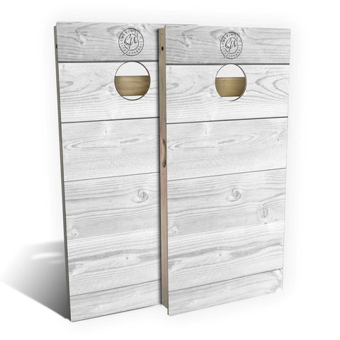 Skip's Garage Rustic White Wood All-Weather Cornhole Board Set - Regulation 2x4 (24" x 48") - Includes (2) Boards, (8) Bags, (1) Carry Case & 2 Board Hole Lights