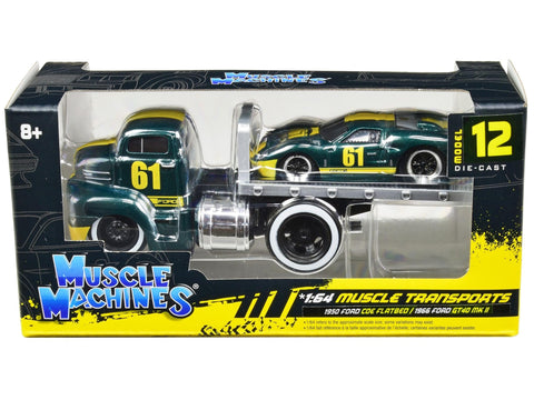 Muscle Machines 1950 Ford COE Flatbed Truck #61 and 1966 Ford GT40 MK II #61 Green Metallic with Yellow Stripes Muscle Transports Series 1/64 Diecast Model Cars