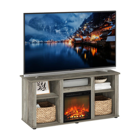 Furinno Jensen Fireplace TV Stand, Entertainment Center, TV Console for TV up to 55 Inch with Fireplace and Open Storage Compartment, for Living Room, Bedroom, French Oak Grey