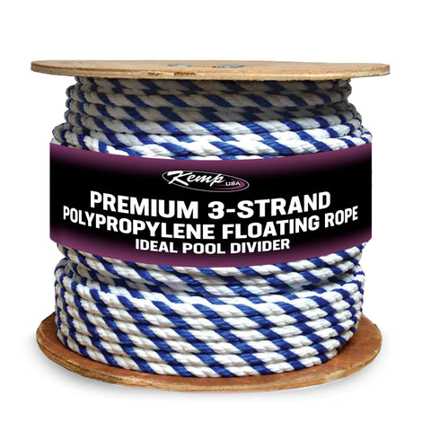 Kemp USA 600 FT Spool of Premium 3-Strand Polypropylene Floating Rope - 3/8 inch Rope, Anchor - U.V. Stabilized and Rot Proof - Ideal for Pools, Lakes, Golf Courses (Royal Blue-White)