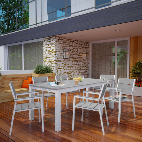 lm Modway Maine 7-Piece Aluminum Dining Table and Chair Outdoor Patio Set in White Light Gray
