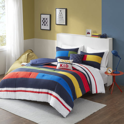 Intelligent Design Kids Cotton Comforter Set-Fun Print and Vibrant Color Modern Design All Season Cozy Bedding, Matching Shams, Decorative Pillow, Twin/Twin XL, Multi Color Blocks with 2 dec pillows
