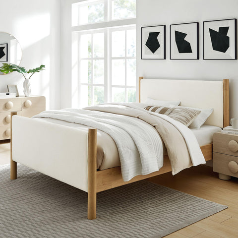 Modway Maven Full Size Bed Frame in Feather Oak with Upholstered Boucle Headboard and Footboard – Wood Full Platform Bed Frame – No Box Spring Needed
