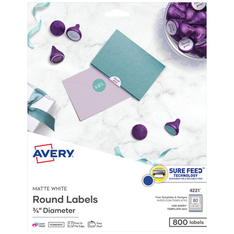 Avery® Printable Round Labels, Sure Feed® Technology, 3/4" Diameter, Matte White, 800 Customizable Labels (4221)
