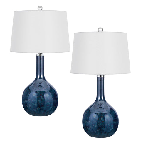 Cal Kemi 150W 3 Way Art Glass Table lamp with Fabric Taper Drum Shade. Priced and Sold a Pairs.