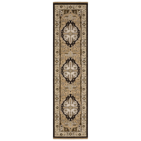Oriental Weavers Acacia Machine Woven Area Rug - ACA08-2'6" x 10' - in Tan/Black - Traditional Style Hallway, Entryway, Kitchen, Bathroom Rug