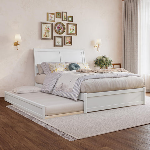 Andorra Full Wood Platform Bed with Panel Footboard and Twin Trundle in White
