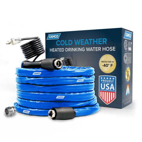 Camco 25-Foot Heated Drinking Water Hose | Features Water Line Freeze Protection Down to -40°F/C & Energy-Saving Thermostat | Includes Adapter for Connection to Either End of Hose (22922)