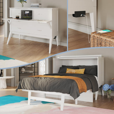 AFI, Northampton Full Size Murphy Bed Desk with Memory Foam 6" Mattress and Built-in USB Charger, White