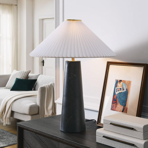 Modway Nera Table Lamp with Marble Pattern in Black – Modern Accent Lamp with Pleated Fabric Shade and Matte Brushed Metal Plate – Ambient Lighting for Living Room, Bedroom, Entryway