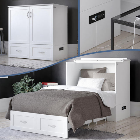 AFI Hamilton Twin XL Murphy Bed Chest with Mattress, Storage, and Built-in Charger in White