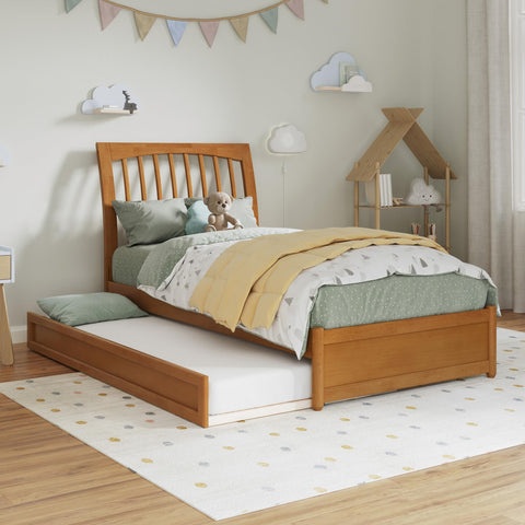 AFI, Roslyn Twin Platform Bed with Panel Footboard & Twin Trundle, Light Toffee