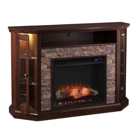 SEI Furniture Redden Faux Stone Corner Convertible Electric Fireplace with Media Storage, New Espresso